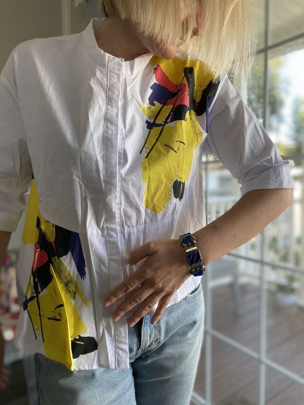 Women's shirt asymmetry City casual With a bright print XL